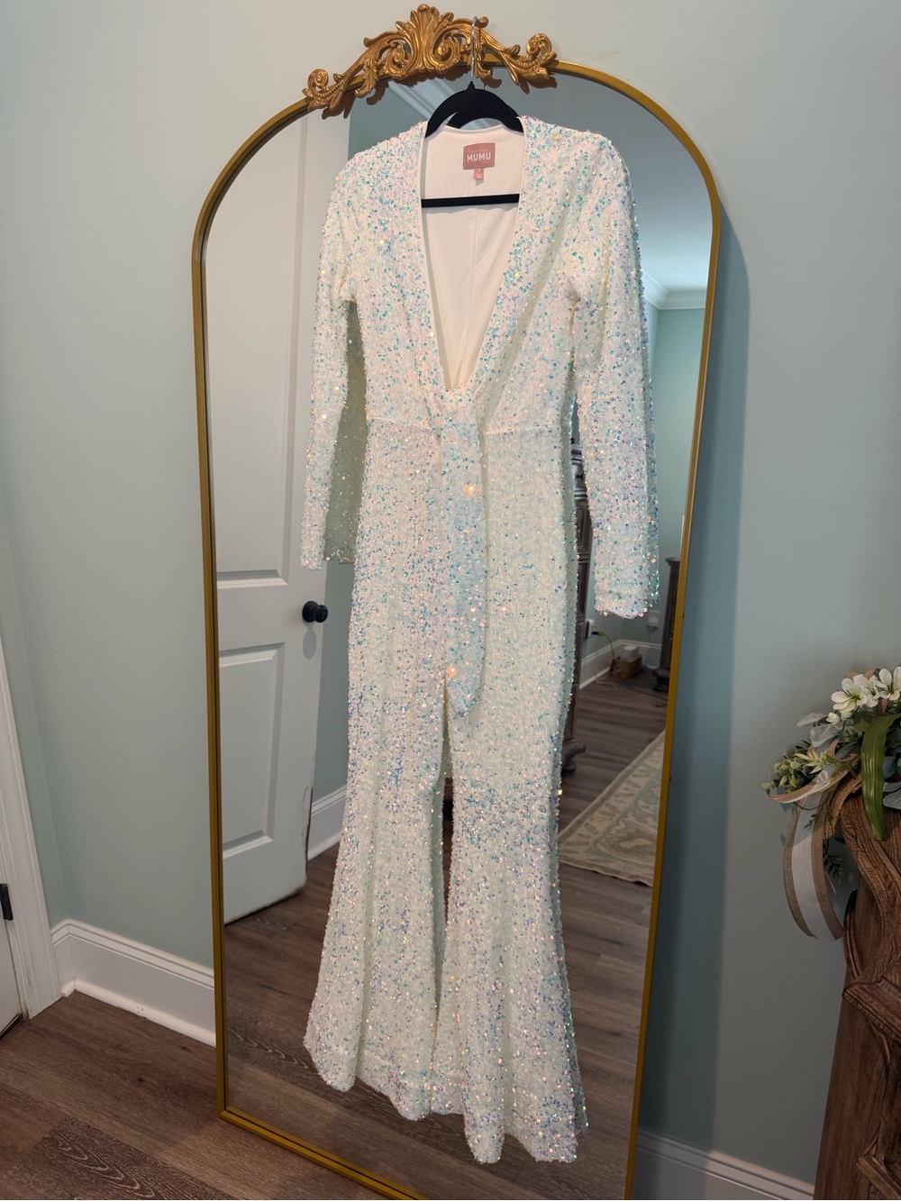 Show Me Your MuMu White Iridescent Sequin V-Neck Jumpsuit